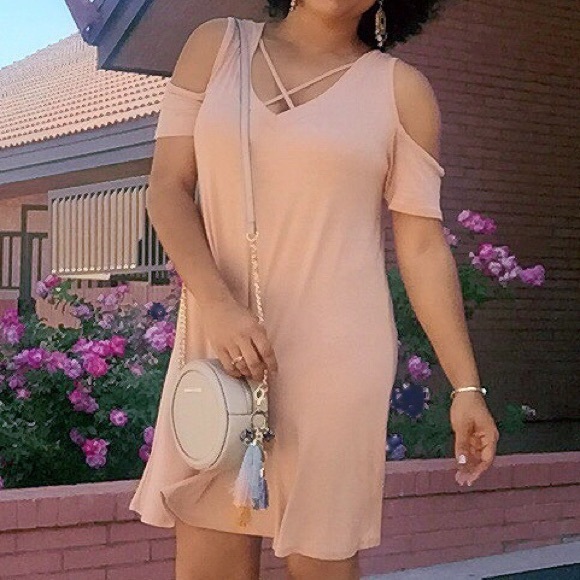 Nude criss-cross cold-shoulder dress, NWT - Picture 2 of 8